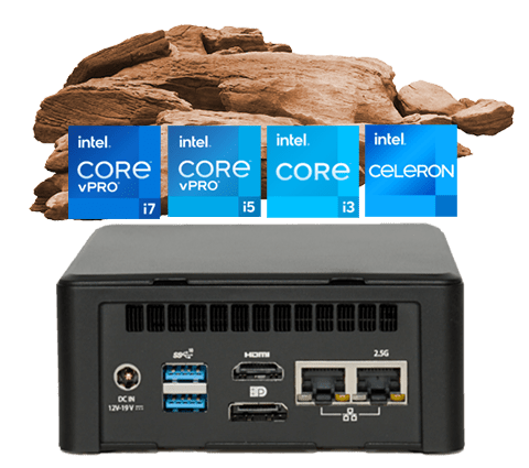 Chimney Rock NUC Marketing Product Image with Intel i3, i5, i7 and Celeron Badges with Canyon Graphic