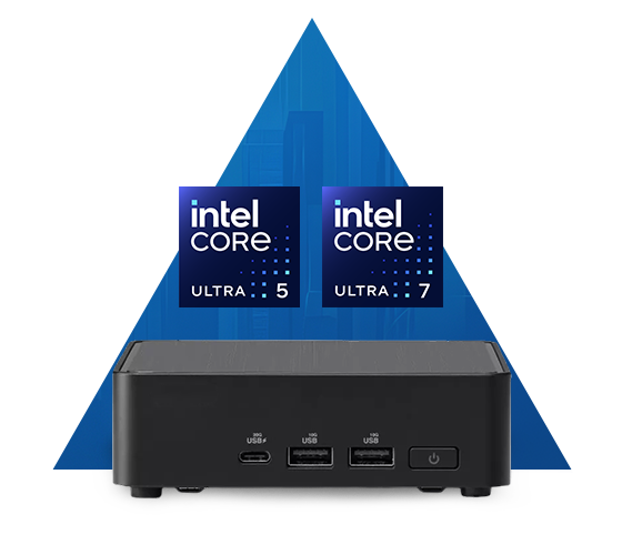 Revel Canyon NUC 14 Pro Marketing Product Image with Intel Core Ultra 5 &7 Badges