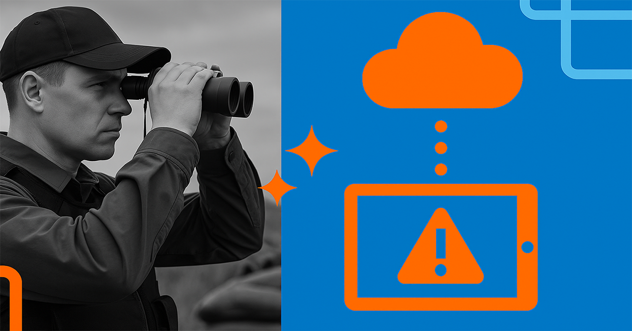 Edge computing for border surveillance concept: black-and-white image of a border patrol agent using binoculars on the left, contrasted with a blue background on the right featuring orange cloud, tablet, and alert icons. Symbolizes real-time threat detection and Department of Homeland Security technology modernization.