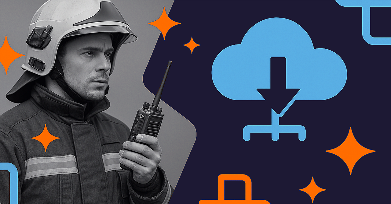 Illustration of edge computing for first responders: black-and-white photo of a firefighter using a handheld radio, partially overlapping a navy and blue background with light blue cloud and server icons. Orange graphical accents symbolize real-time data processing and rapid response enabled by low-latency edge computing.
