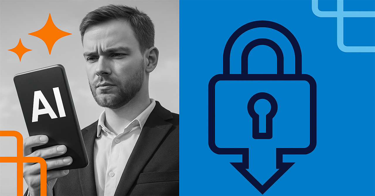 Black and white photo of a man in a suit holding a tablet labeled ‘AI,’ representing artificial intelligence; on the right, a blue background features a secure padlock icon pointing downward, symbolizing edge AI security for federal agencies.