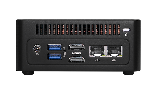 Rear ports of SNUC Topaz 4 mini PC showing HDMI, USB, and LAN connections