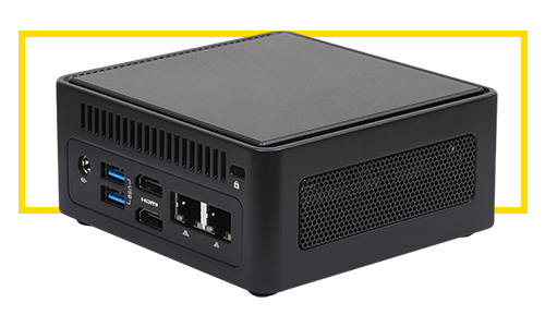 Rear angle view of SNUC Topaz 4 mini PC showing ports and connectivity