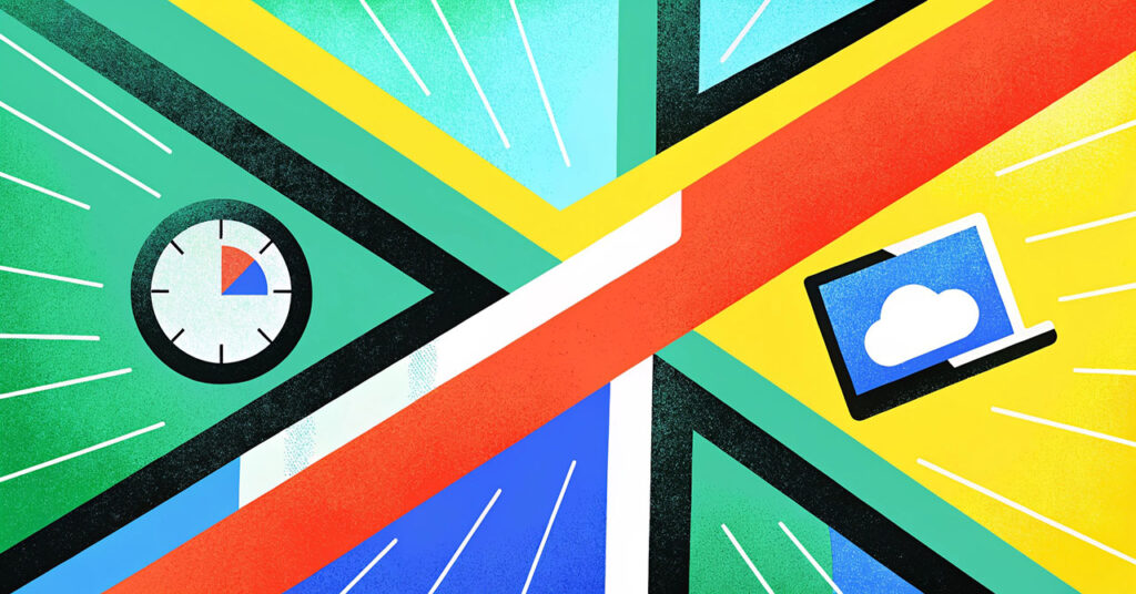 Abstract illustration symbolizing edge computing for low-latency AI processing, featuring intersecting geometric shapes, a clock representing real-time performance, and a laptop with a cloud icon representing connected edge and cloud systems — visualizing how SNUC edge devices accelerate AI workloads at the edge.