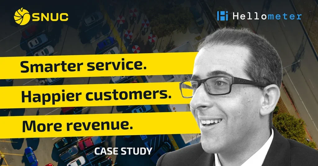 SNUC and Hellometer case study featured image with text reading 'Smarter service. Happier customers. More revenue.' over a restaurant drive-thru aerial view.