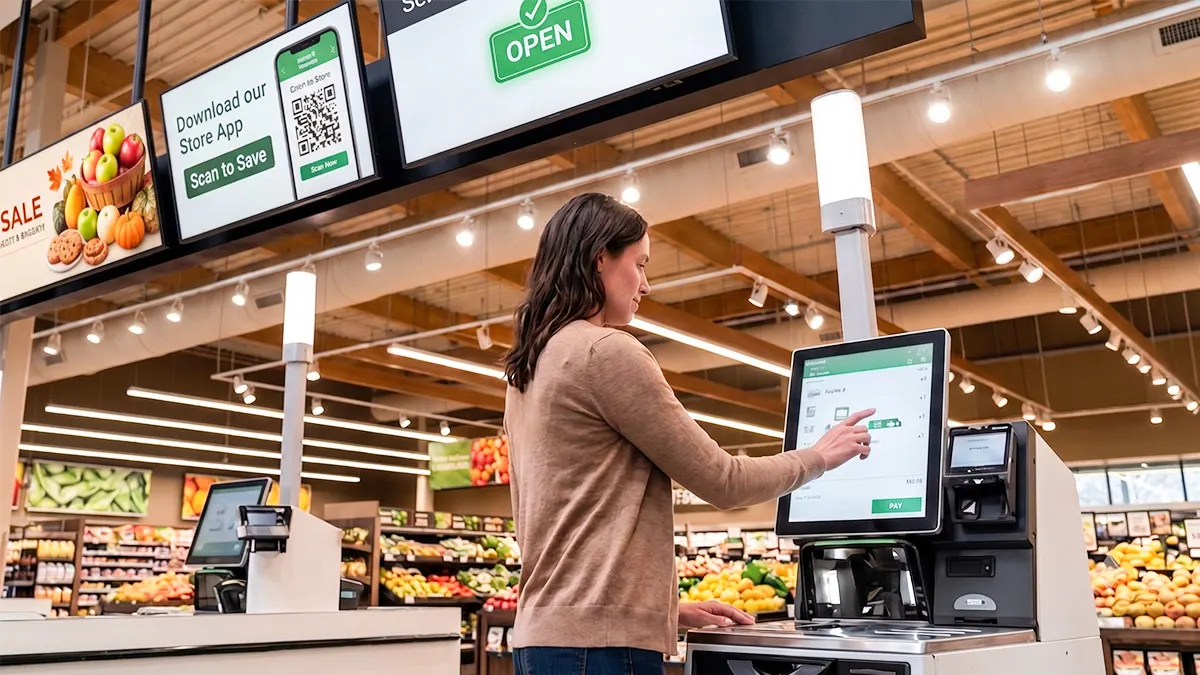High-availability SNUC edge compute powering self-checkout kiosks and POS terminals running NCR Voyix Commerce Platform.