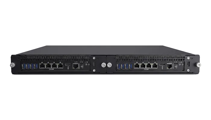 The SNUC extremeEDGE™ EE-3200 1U dual-node chassis, delivering compact, high-density server power for store-level back-office racks.